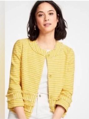 Ann Taylor Yellow Twee Preppy Striped Fringe Detail Jacket Blazer